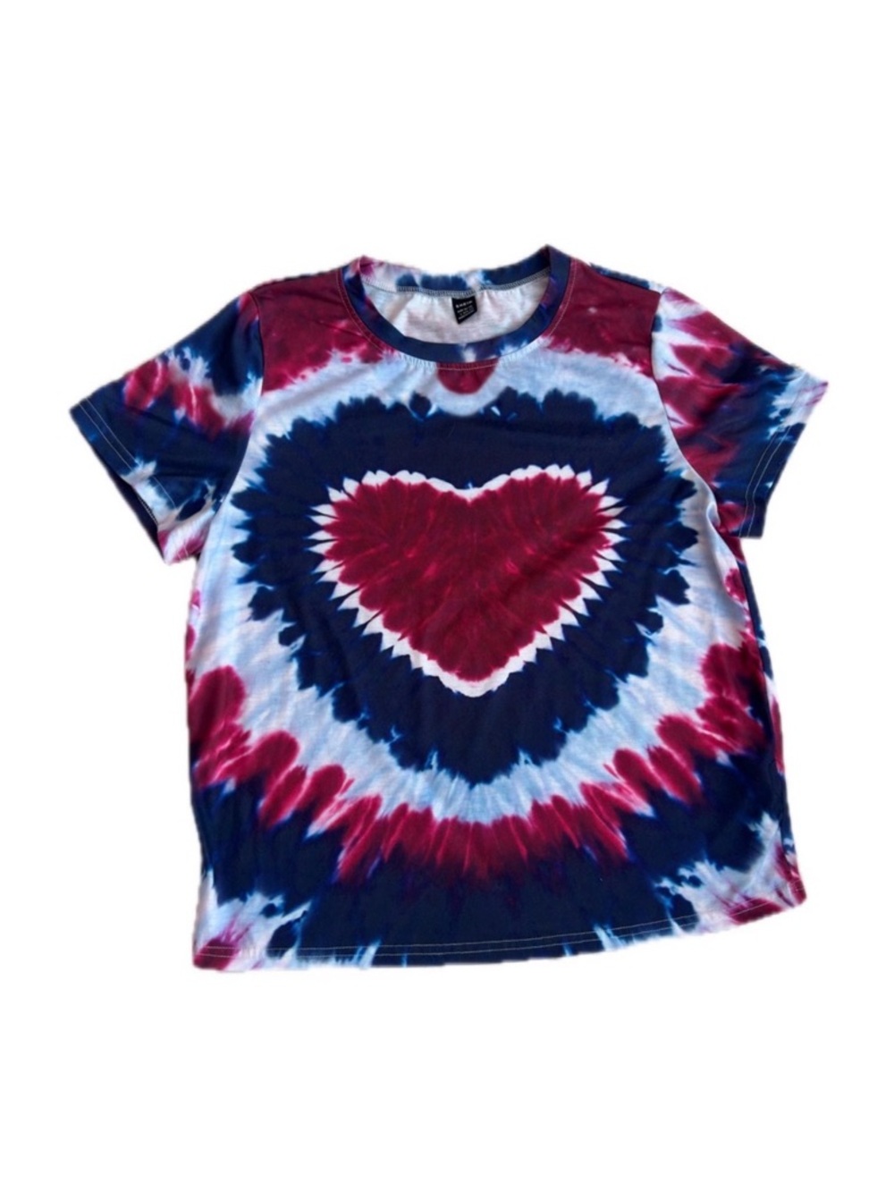 #97 SHEIN ~ Lightweight Short Sleeve Tie-Dye Heart Tee - Red, Blue, White size L